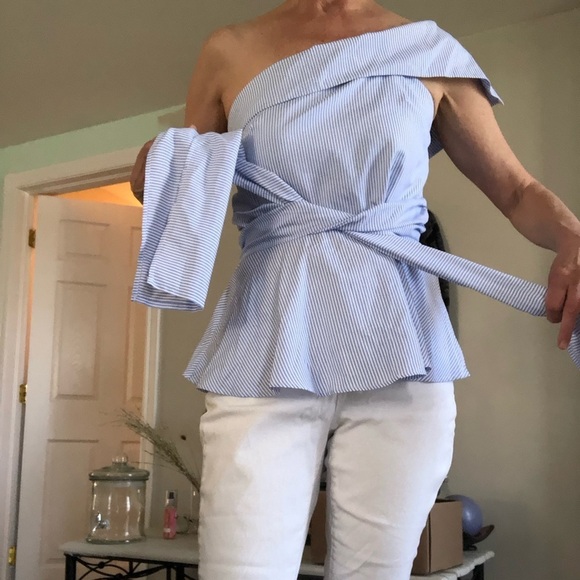 Shein Pin Striped One Shoulder Size M Tie Up Blouse - Picture 5 of 5